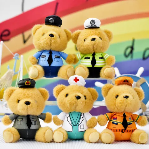 Occupational Uniform Plush Teddy Bear Keychain Police Doctor Nurse Fireman Army Small Stuffed Animal Doll Bag Charm Pendant Gift