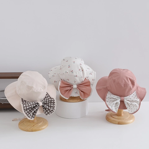 Girls Sun Hat With Neck Flap Wide Brim UV Protection Breathable Nylon Polyester Floral Cherry Polka Dot Big Bow Outdoor