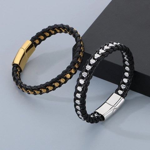 Braided Leather Bracelet Men Stainless Steel Magnetic Clasp Woven Punk Trendy Hip Hop Jewelry Accessory