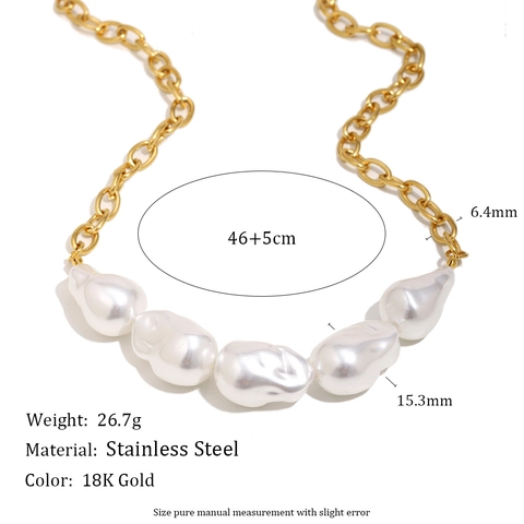 Collar De Perlas Barrocas Artificiales Bañado En Oro De 18K Acero Inoxidable Cadena Gruesa Joyería Retro Para Mujer