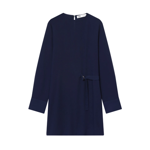 Elegantes Damen Langarm Minikleid In Dunkelblau Mit Seitlicher Schnürung Und Metallschnalle Sowie Knöpfen Am Ärmel