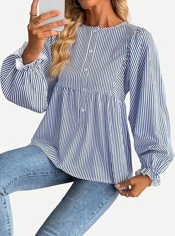 Dames Gestreepte Blouse Polyester Lange Pofmouwen Ruches Manchet Ronde Hals Elegant Casual Woon-Werkverkeer Top