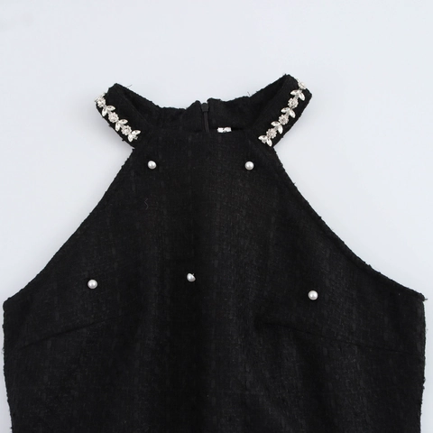 Halter Neck Mini Dress Tweed Artificial Pearl Rhinestone Decorated Sleeveless Ruffle Hem Elegant French Style Women