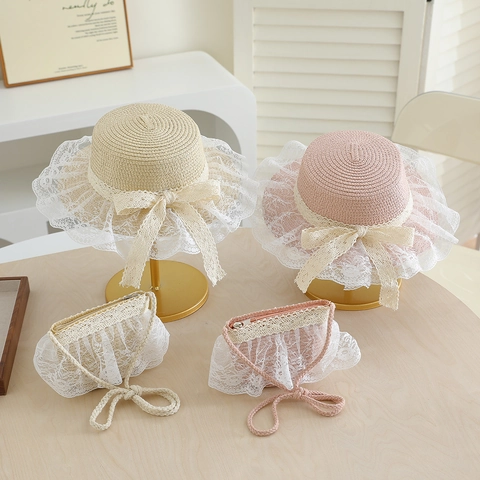 Sun Hat And Mini Bag Paper Straw Lace Bow Breathable Summer Beach Vacation Sweet Princess Style Girls Kids