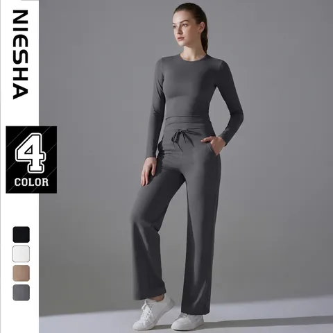 Damen Yoga Sportbekleidung Langarm Oberteil Und Weite Hose Mit Kordelzug Hohe Taille Atmungsaktiv Fitness Activewear