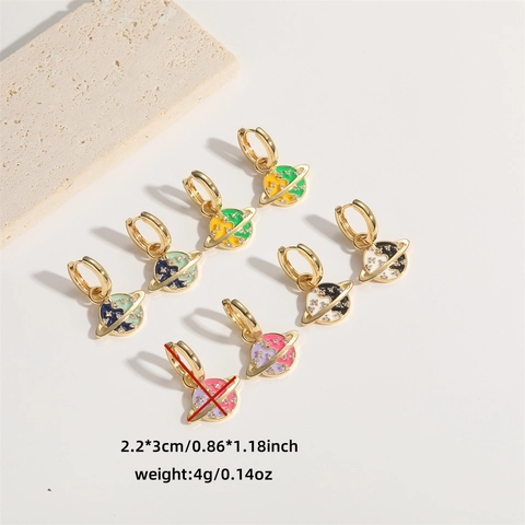 Pendientes Colgantes del Planeta Saturno Vintage para Mujer Cobre Circonia Esmalte Aceite de Goteo Joyería de Moda Regalo