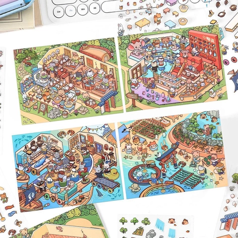 Deco Scene Stickers PET Transparent DIY Scrapbooking Journal Supplies Cute Cartoon Animal Miniature Decoration