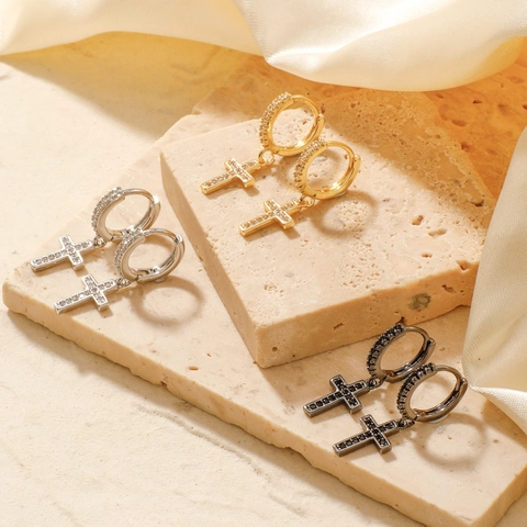 Cross Pendant Hoop Earrings Brass Cubic Zirconia Inlaid Gothic Punk Trendy Jewelry For Women
