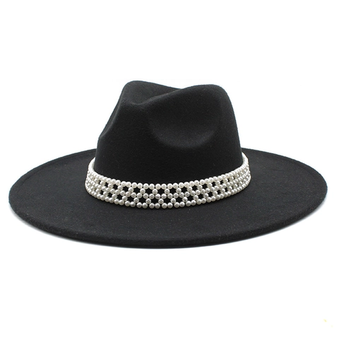 Wide Brim Fedora Hat Elegant Wool Felt Jazz Cap With Artificial Pearl Beaded Band Vintage Hepburn Style For Women Fashion Accessory
