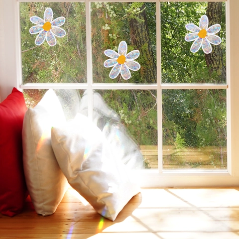 Daisy Flower Holographic Rainbow Prism Window Cling Static Glass Sticker Anti-Collision Suncatcher Home Decor