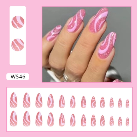 Uñas Postizas Press On Forma De Almendra Larga Rosa Con Purpurina Patrón De Ondas Estilo Ins Dulce Para Mujeres