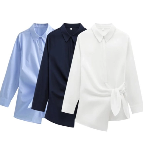 Women Long Sleeve Blouse Shirt Asymmetrical Hem Side Tie Knot Lapel TC Cotton Blend Solid Color Chic Casual