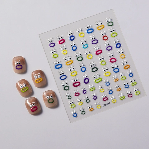 Pegatinas De Uñas 5D Relieve Cara Graciosa Dopamina Coloridas 3D Dibujos Animados Ojo Boca Impermeable Decoración Mujeres