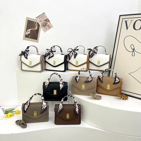 Women Shoulder Bag Retro Litchi Texture PU Leather Scarf Handle Golden Twist Lock Square Crossbody Handbag For Daily Use