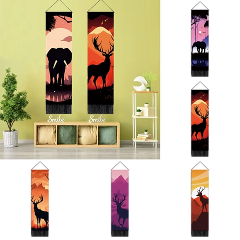Nordic Wall Tapestry Elephant Deer Silhouette Polyester Cotton Fabric Hanging Painting With Tassels And Wood Rod Artistic Decor