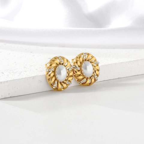 Pendientes De Perlas Artificiales Ovaladas Vintage Acero Inoxidable Chapado En Oro 18K Borde Retorcido Joyería Elegante Para Mujer