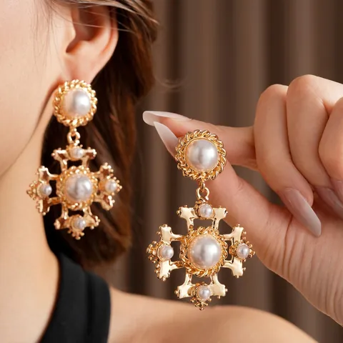 Boucles D Oreilles Croix Künstliche Perle Baroque Avec Tige En Argent Alliage Or Vintage Style Palais Bijoux Élégants Femmes