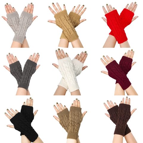 Fingerless Gloves Women Knitted Arm Warmers Cable Knit Soft Acrylic Winter Warm Thumb Hole Solid Color Mitten Sleeves