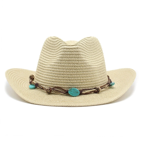 Westerse Cowboy Strohoed Boheems Brede Rand Zonbescherming Etnische Turquoise Kralen Zomer Strand Fedora Jazz Vrouwen Mannen