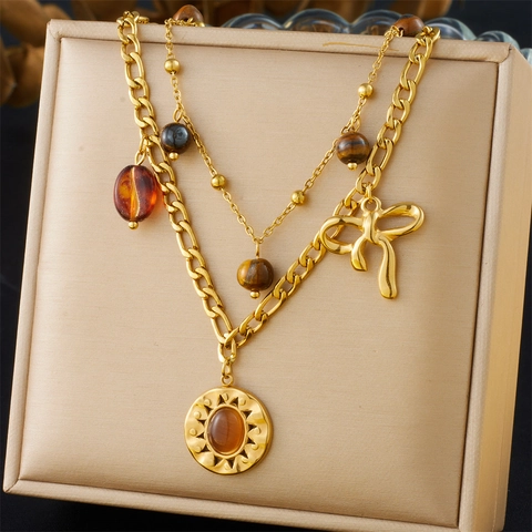 Stainless Steel Double Layered Necklace With Tiger Eye Stone Sun Pendant And Bow Knot French Retro Jewelry For Women