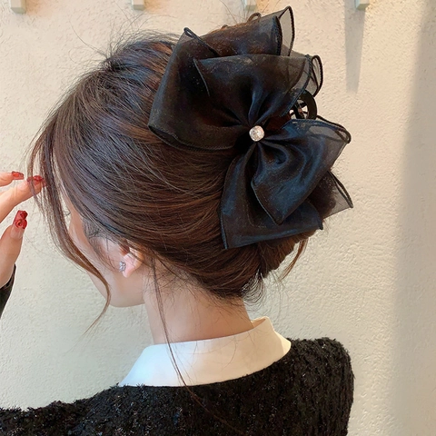 Grande Pince À Cheveux Nœud En Maille Noir Élégante Griffe À Cheveux Dentelle Strass Pour Femmes Coiffure