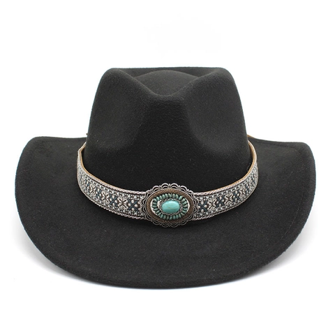 Western Cowboy Hat Wool Felt Retro Ethnic Woven Belt Turquoise Gemstone Wide Brim Outdoor Sunshade Fedora