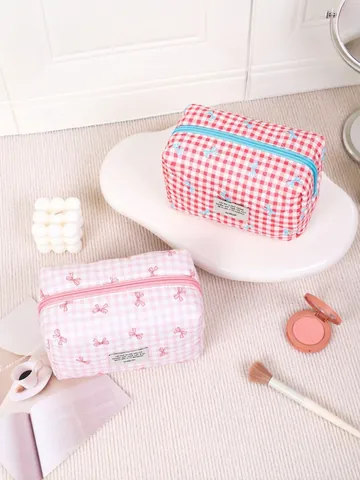 Borsa Trucco Cotone Trapuntato Grande Capacità Stampa Fiocco Gingham Organizzatore Da Toeletta Portatile Donna