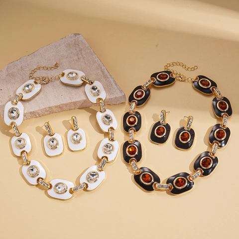 Collar Y Pendientes Vintage Esmalte Ovalado Aleación Pedrería Con Poste De Plata Mujer Joyería Geométrica Elegante