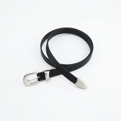 Cinturón Fino Sencillo Vintage De Cuero Sintético Con Hebilla De Aleación Y Punta De Metal Para Mujeres Jeans Vestido