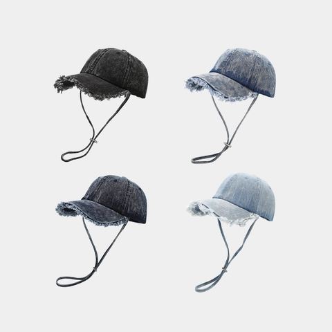 Vintage Washed Cotton Denim Baseball Cap With Frayed Edge And Adjustable Windproof Rope Retro Outdoor Travel Sun Hat For Unisex