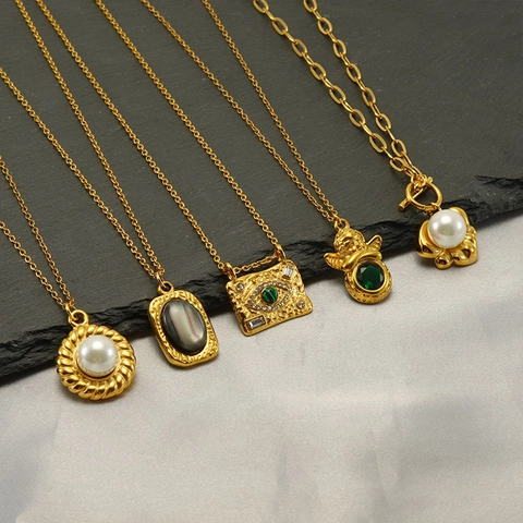 Stainless Steel Pendant Necklace 18K Gold Plated With Artificial Pearl Malachite Zircon Evil Eye Angel Vintage Style For Women