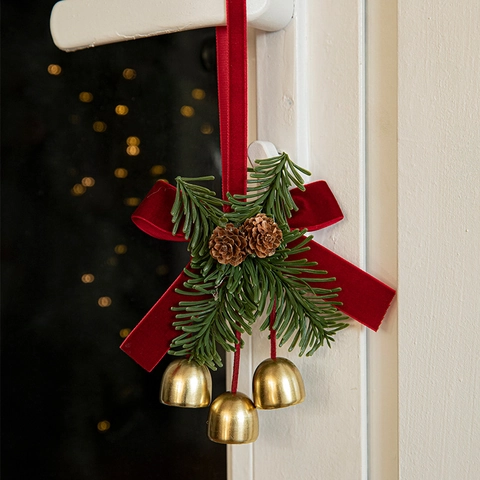 Christmas Hanging Ornament With Velvet Bow Golden Metal Bells Pine Cones Artificial Pine Needles Tree Door Decoration