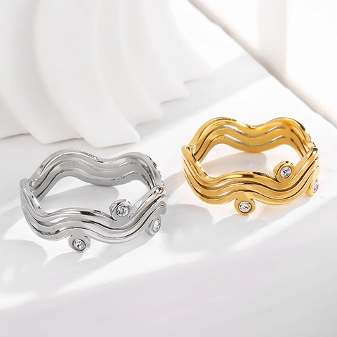 Anello A Onda Acciaio Inossidabile Zirconia Cubica Fascia Sovrapposta Moderno Minimalista Stile Ins Gioielli Moda Donna