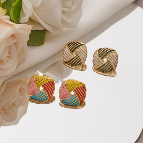 Vintage 304 Stainless Steel Enamel Geometric Square Stud Earrings Striped Drip Oil Earrings For Women Unique Design Jewelry