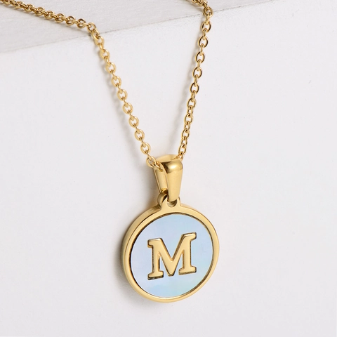 Collana Con Pendente Rotondo Acciaio Inossidabile Con Conchiglia Di Madreperla Blu Lettera Iniziale Gioielli Da Donna