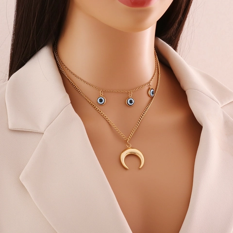 Evil Eye Mondsichel Doppelschichtige Halskette Edelstahl Vergoldet Boho Trendiger Anhänger Für Damen