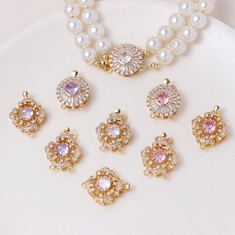 Fermoir Bijoux Camélia Rond Cuivre Plaqué Or 14K Zircon Connecteur DIY Pour Bracelet Collier