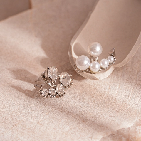Asymmetric Faux Artificial Pearl Rhinestone Geometric Arc Stud Earrings With 925 Sterling Silver Earring Post For Women Elegant
