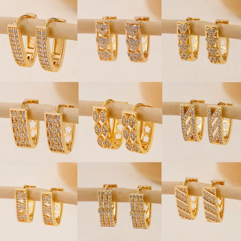 Elegante Kupfer Huggie Creolen Für Frauen Eingelegt Zirkonia Geometrische Durchbrochene Mode Accessoires