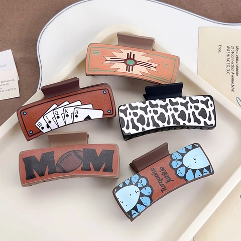 Western Vintage Printed Hair Claw Clips Rectangular Plastic Retro Poker Card Cow Print Floral Hair Accessories For Women