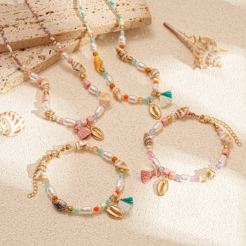 Necklace And Bracelet Bohemian Beach Shell Jewelry Women With Tassel Conch Alloy Imitation Artificial Pearl Vacation Style