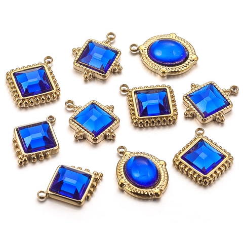 Ciondoli Pendenti In Acciaio Inossidabile Placcato Oro E Vetro Blu Per Creazione Di Gioielli Collana DIY Forme Multiple Bordo Perlato
