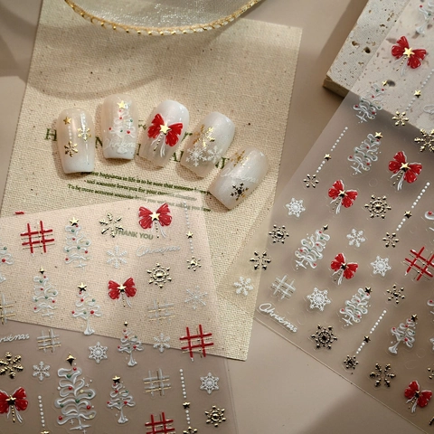 3D Embossed Christmas Nail Art Stickers Snowflakes Red Bows Stars Self Adhesive Manicure DIY Decoration Winter Holiday