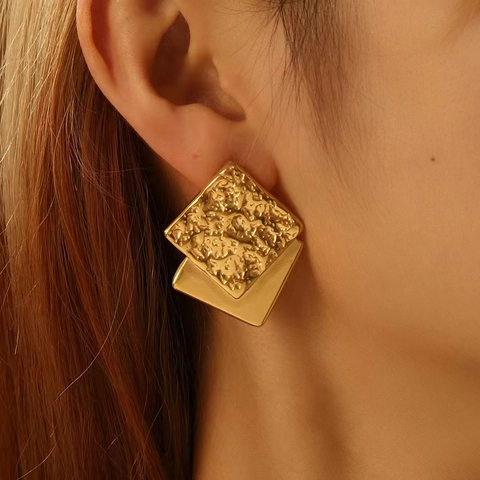 Pendientes Cuadrados de Acero Inoxidable Vintage Francés con Textura Martillada Geométricos de Doble Capa para Mujer Joyería