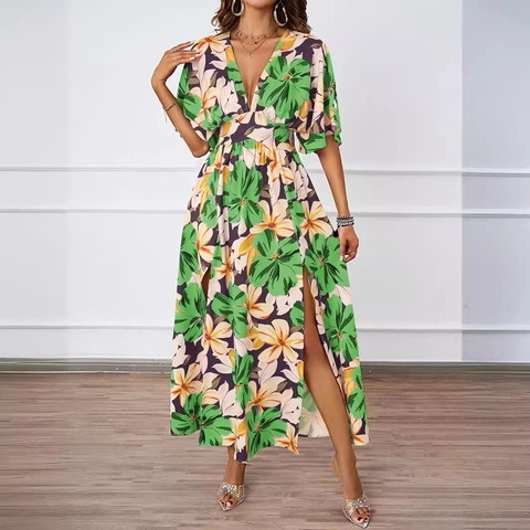 Floral Print Maxi Dress Women V Neck Short Sleeve Elastic Waist Side Slit Summer Beach Vacation Bohemian Polyester Long Dress