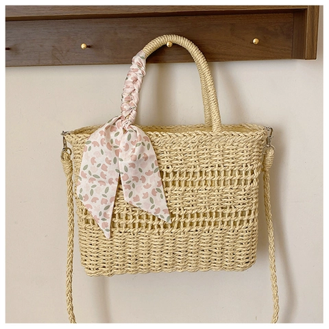 Stro Geweven Schoudertas Handtas Met Kant Boog Satijnn Sjaal Decoratie Grote Capaciteit Zomer Strand Casual Tote Voor Vrouwen