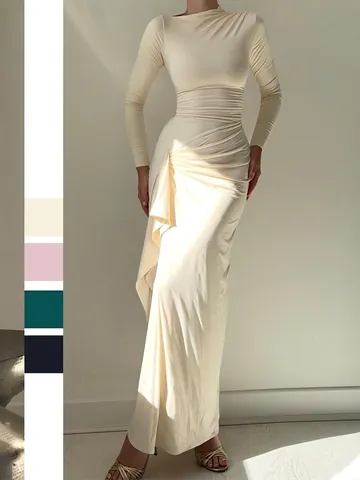 Hochgeschlossenes Langarm Maxi Kleid Gestrickt Gekräuselt Rückenfrei Überkreuzte Träger Seitenschlitz Sexy Bodycon Party Abend
