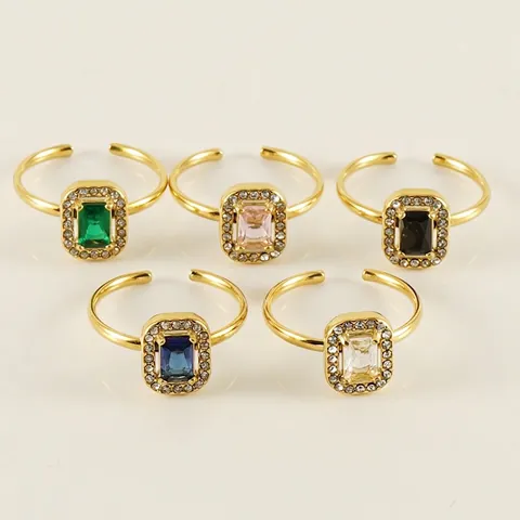 Rechteckiger Zirkonia Ring 18K Vergoldeter Edelstahl Verstellbar Halo Vintage Ins Stil Schmuck Für Frauen