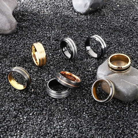 Anillo Para Hombre De Acero De Tungsteno Minimalista Acabado Cepillado Mate Ranurado Bicolor Joyería Retro