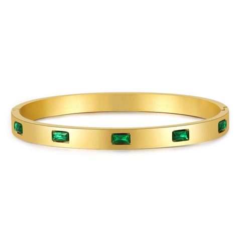 Vintage French Style Stainless Steel Bangle Bracelet For Women With Green Zirconia Open Cuff Elegant Fashion Jewelry